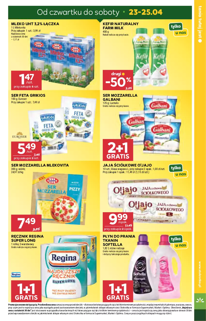 Gazetka promocyjna Stokrotka - Supermarket - ważna 23.04 do 28.04.2026 - strona 5 - produkty: Fa, Farm Milk, Feta, Galbani, Gin, Gra, Jaja, Kefir, Kefir naturalny, Mięso, Mleko, Mlekovita, Mozzarella, Optima, Owoce, Płyn do prania, Ręcznik, Ser, Warzywa
