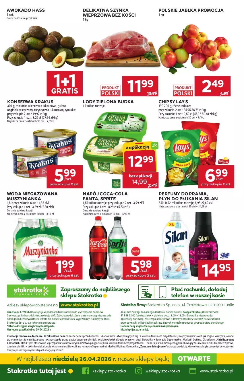 Gazetka promocyjna Stokrotka - Supermarket - ważna 23.04 do 28.04.2026 - strona 58 - produkty: Chipsy, Coca-Cola, Dres, Fa, Fanta, Gra, Jabłka, JBL, Krakus, Lay’s, Lody, Mięso, Mus, Muszynianka, Napój, O nas, Optima, Owoce, Perfum, Płyn do płukania, Ser, Silan, Sprite, Szynka, Szynka wieprzowa, Telefon, Wagi, Warzywa, Woda, Woda niegazowana, Zielona Budka