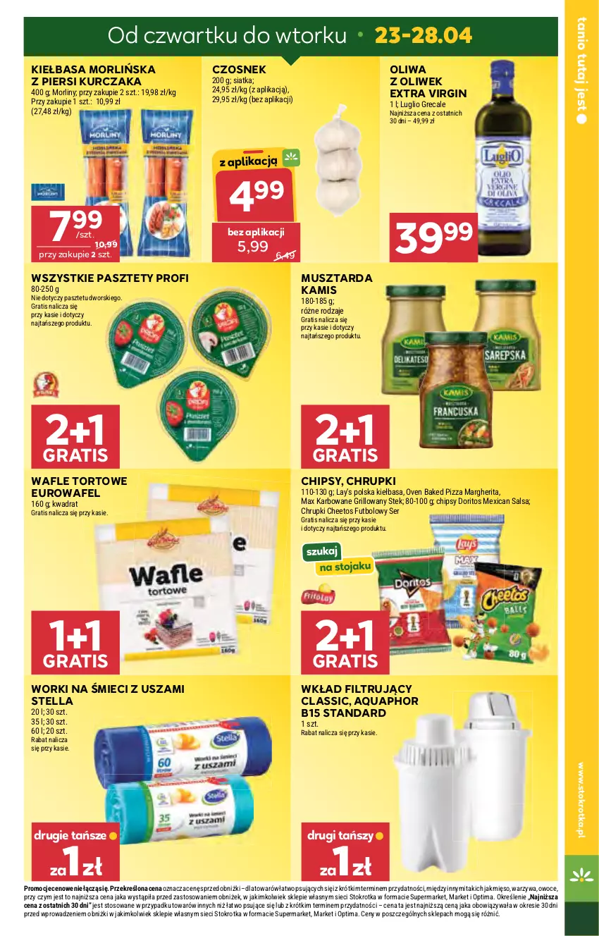Gazetka promocyjna Stokrotka - Supermarket - ważna 23.04 do 28.04.2026 - strona 7 - produkty: Aquaphor, Cheetos, Chipsy, Chrupki, Czosnek, Gin, Gra, Grill, Kamis, Kiełbasa, Kurczak, Lay’s, Mięso, Morliny, Mus, Musztarda, Oliwa z oliwek, Optima, Owoce, Pasztet, Pizza, Pizza margherita, Salsa, Ser, Siatka, Stek, Wafle, Wafle tortowe, Warzywa, Wkład filtrujący, Worki na śmiec, Worki na śmieci