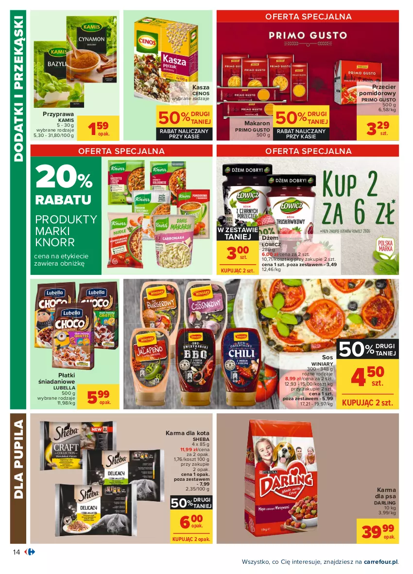 Gazetka promocyjna Carrefour - Gazetka Carrefour - ważna 17.05 do 29.05.2021 - strona 14 - produkty: Bell, Bella, Cenos, Danio, Dżem, Kamis, Kasza, Knorr, Kosz, Lubella, Makaron, Sheba, Sos, Winiary