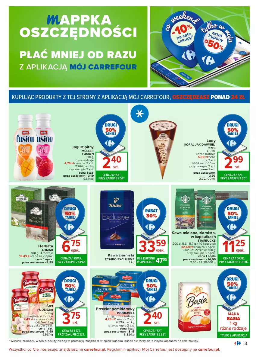 Gazetka promocyjna Carrefour - Gazetka Carrefour - ważna 17.05 do 29.05.2021 - strona 3 - produkty: Basia, Fusion, Herbata, Jogurt, Jogurt pitny, Kawa, Kawa mielona, Kawa ziarnista, Kosz, Lody, Mąka, Müller, Podravka, Pudliszki, Sos, Tchibo