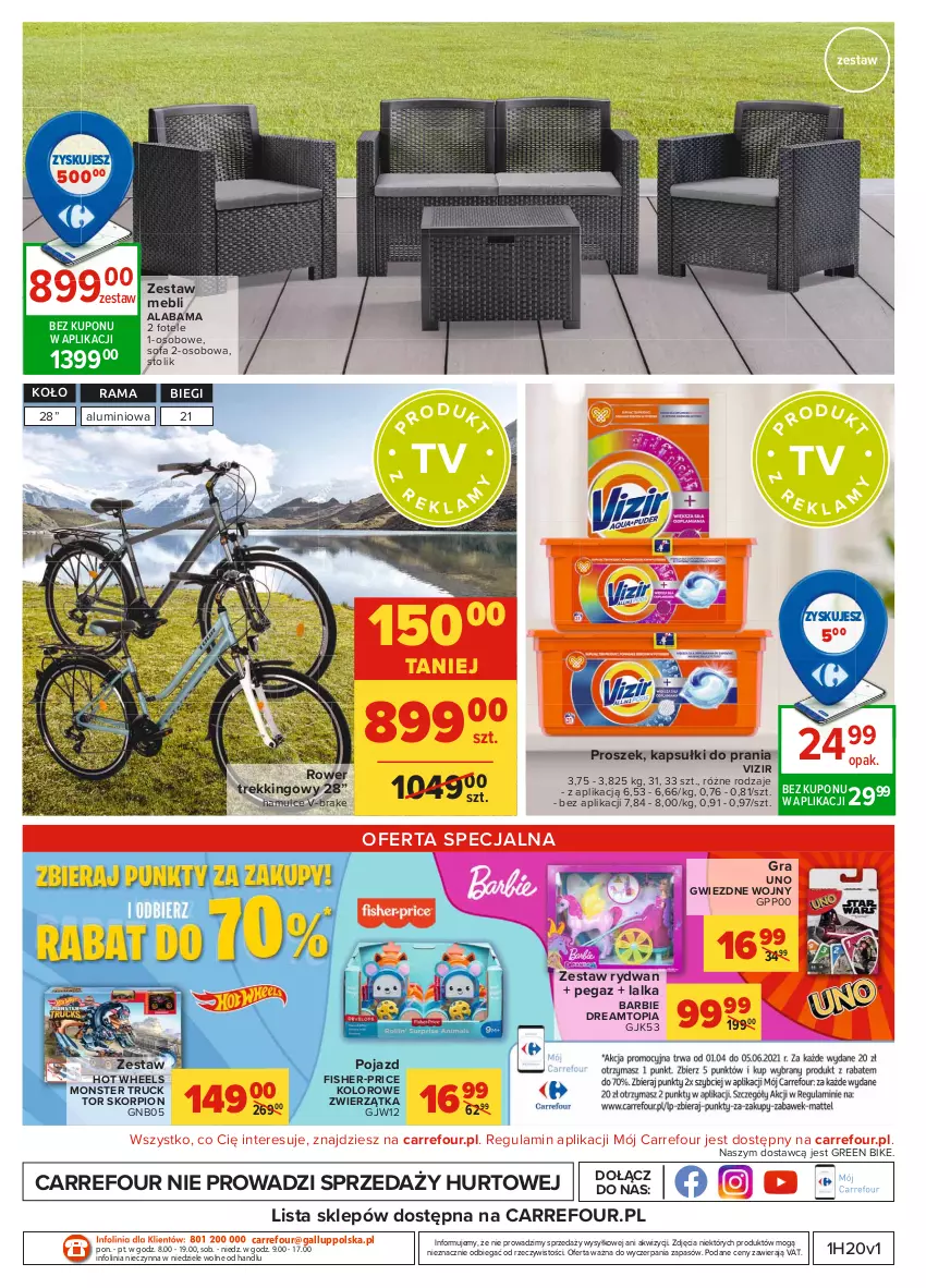 Gazetka promocyjna Carrefour - Gazetka Carrefour - ważna 17.05 do 29.05.2021 - strona 38 - produkty: Barbie, Fa, Fisher-Price, Fotel, Gra, Hot Wheels, Kapsułki do prania, Lalka, Monster truck, O nas, Pojazd, Rama, Rower, Sofa, Sofa 2-osobowa, Stolik, Top, Vizir