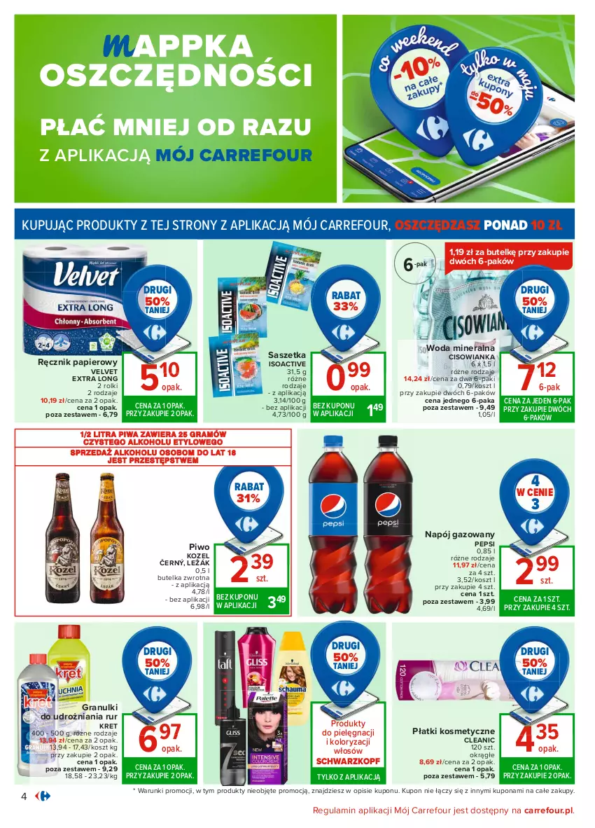 Gazetka promocyjna Carrefour - Gazetka Carrefour - ważna 17.05 do 29.05.2021 - strona 4 - produkty: Cisowianka, Cleanic, Gra, Kosz, Kozel, Kret, Napój, Napój gazowany, Papier, Pepsi, Piwa, Piwo, Płatki kosmetyczne, Ręcznik, Rolki, Schwarzkopf, Velvet, Woda, Woda mineralna