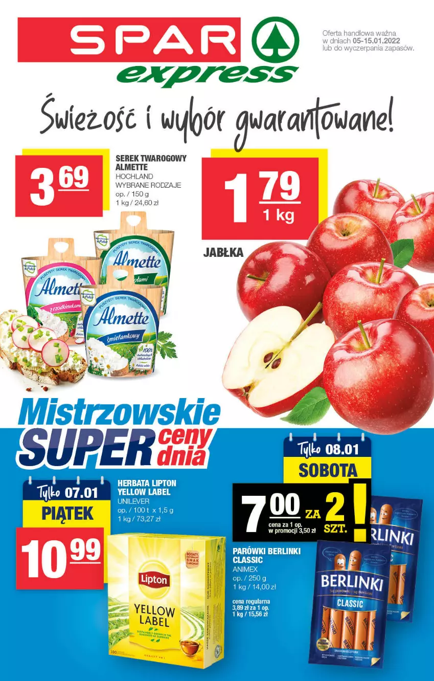 Gazetka promocyjna Spar - SparExpress - ważna 02.01 do 12.01.2022 - strona 1 - produkty: Almette, Berlinki, Herbata, Hochland, Lipton, Parówki, Ser, Serek, Serek twarogowy