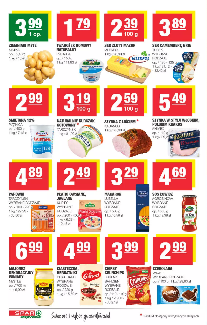 Gazetka promocyjna Spar - SparExpress - ważna 02.01 do 12.01.2022 - strona 2 - produkty: Bell, Bella, Brie, Camembert, Chipsy, Crunchips, Czekolada, Dr Gerard, Fa, Herbatniki, Kabanos, Krakus, Kupiec, Kurczak, LG, Lorenz, Lubella, Majonez, Makaron, Parówki, Piątnica, Piec, Płatki owsiane, Ser, Siatka, Sos, Szynka, Tarczyński, Winiary, Ziemniaki, Złoty Mazur