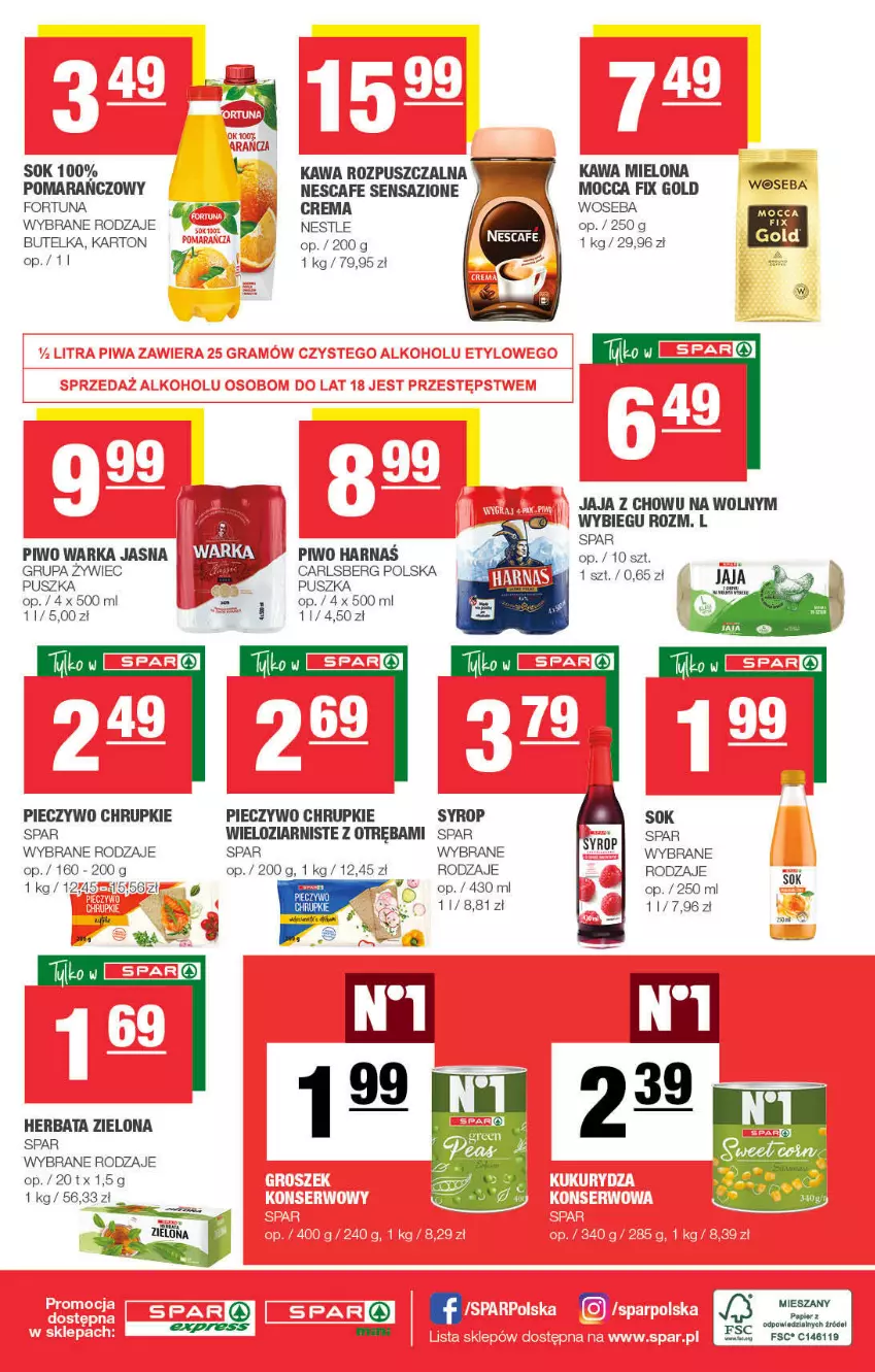 Gazetka promocyjna Spar - SparExpress - ważna 02.01 do 12.01.2022 - strona 4 - produkty: Carlsberg, Chrupki, Fortuna, Herbata, Jaja, Kawa, Kawa mielona, Kawa rozpuszczalna, Mocca Fix Gold, Papier, Piec, Pieczywo, Pieczywo chrupkie, Piwo, Sok, Syrop, Warka, Woseba