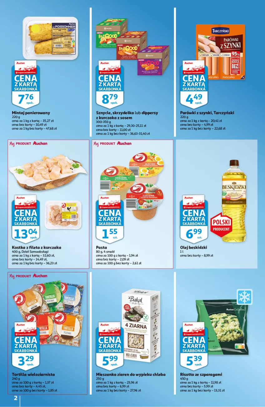 Gazetka promocyjna Auchan - Skarbonka #19 - ważna 12.05 do 18.05.2022 - strona 2 - produkty: Beskidzki, Chleb, Kurczak, Mintaj, Olej, Parówki, Parówki z szynki, Sos, Tarczyński, Tortilla