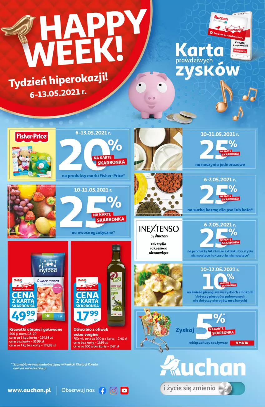 Gazetka promocyjna Auchan - Skarbonka #18 - ważna 06.05 do 13.05.2021 - strona 1 - produkty: Fa, Fisher-Price, Koc, Krewetki, Owoce, Pierogi