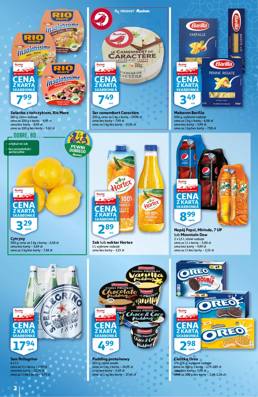 Gazetka promocyjna Auchan - Skarbonka #18 - ważna 06.05 do 13.05.2021 - strona 2 - produkty: Barilla, Camembert, Ciastka, Cytryny, Hortex, Makaron, Mirinda, Napój, Nektar, Oreo, Penne, Pepsi, Pudding, Rio Mare, Sałat, Sałatka, Ser, Sok, Tuńczyk