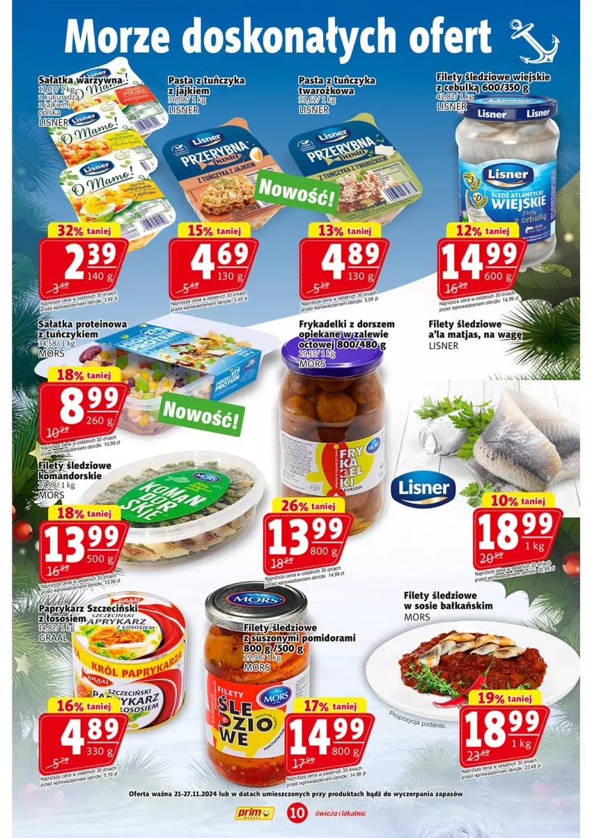 Gazetka promocyjna Prim Market - ważna 21.11 do 27.11.2024 - strona 10 - produkty: Dorsz, Fa, Gra, Graal, Lisner, Matjas, Sałat, Sałatka, Sałatka warzywna, Sos, Tuńczyk, Woda