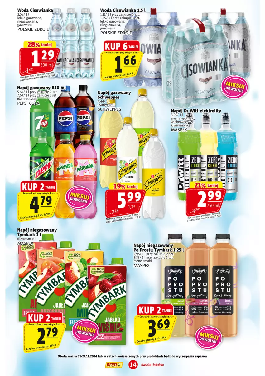 Gazetka promocyjna Prim Market - ważna 21.11 do 27.11.2024 - strona 14 - produkty: Ananas, Cisowianka, Kiwi, Limonka, Napój, Napój gazowany, Napój niegazowany, Pepsi, Pomelo, Schweppes, Tymbark, Woda