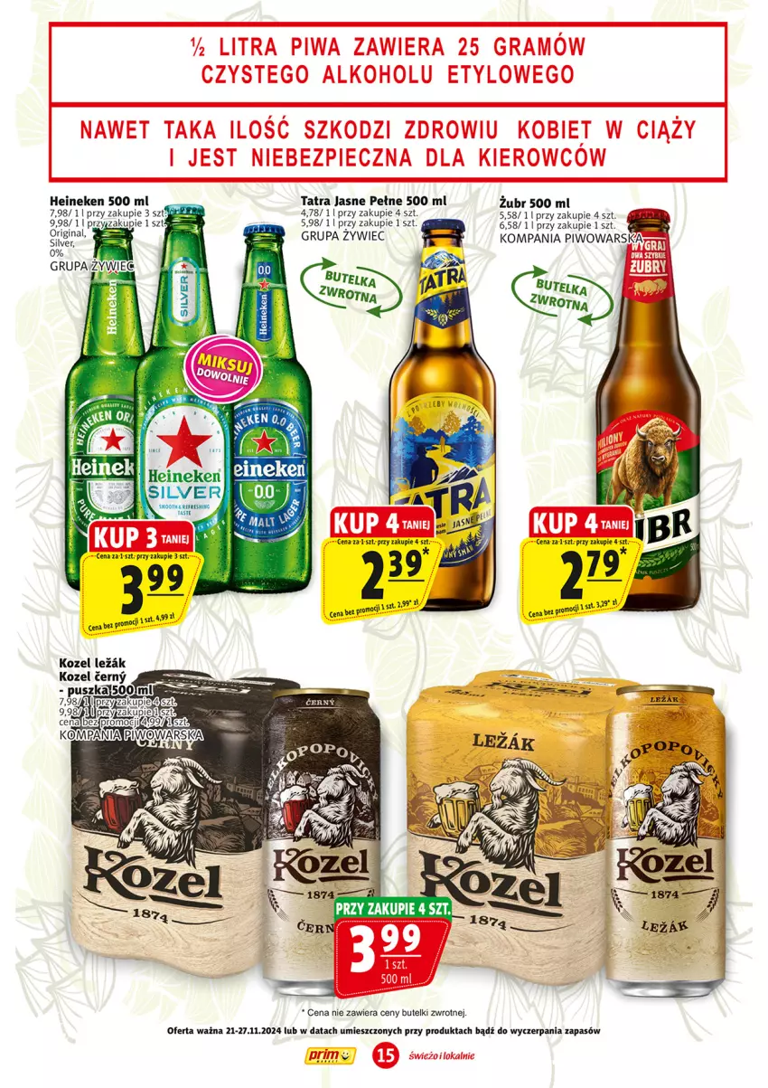 Gazetka promocyjna Prim Market - ważna 21.11 do 27.11.2024 - strona 15 - produkty: Gin, Heineken, Kozel, Piwo, Tatra