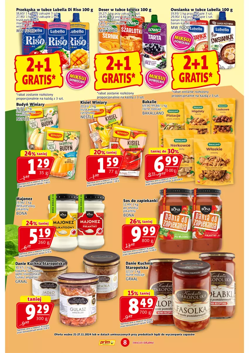 Gazetka promocyjna Prim Market - ważna 21.11 do 27.11.2024 - strona 8 - produkty: Bakalland, Bell, Bella, Budyń, Deser, Fa, Gra, Graal, Kakao, Kisiel, Kuchnia, Lubella, Majonez, Mango, Migdały, Owsianka, Por, Ser, Sos, Szarlotka, Winiary