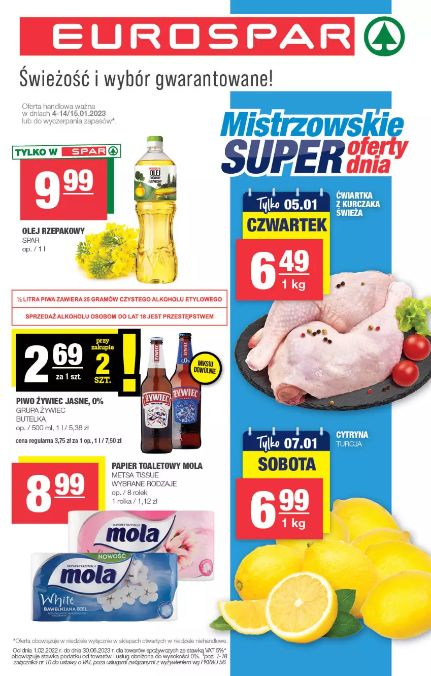 Gazetka promocyjna Spar - EuroSpar - ważna 01.01 do 11.01.2023 - strona 1 - produkty: Mola, Olej, Olej rzepakowy, Papier, Papier toaletowy, Piwo, Sok