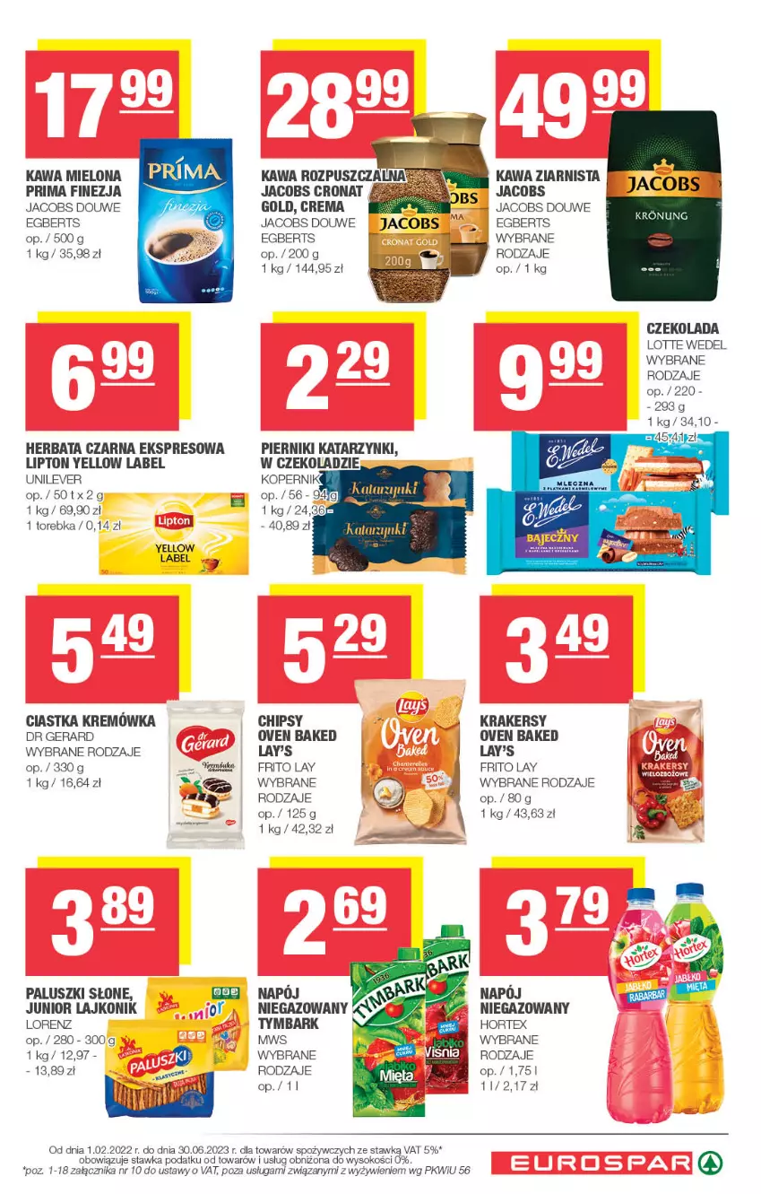 Gazetka promocyjna Spar - EuroSpar - ważna 01.01 do 11.01.2023 - strona 11 - produkty: Chipsy, Ciastka, Czekolada, Dr Gerard, Herbata, Herbata czarna, Hortex, Jacobs, Kawa, Kawa mielona, Kawa rozpuszczalna, Kawa ziarnista, Krakersy, Kremówka, Lajkonik, Lipton, Lorenz, Napój, Piernik, Prima, Sok, Torebka, Tymbark