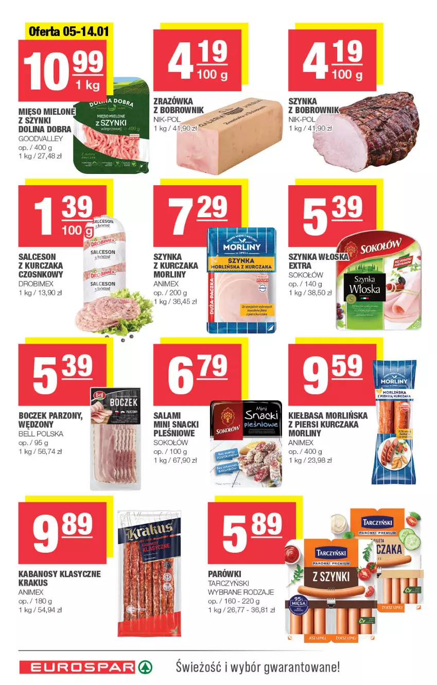 Gazetka promocyjna Spar - EuroSpar - ważna 01.01 do 11.01.2023 - strona 6 - produkty: Bell, Boczek, Drobimex, Kiełbasa, Krakus, Kurczak, Mięso, Mięso mielone, Mięso mielone z szynki, Morliny, Nike, Parówki, Salami, Salceson, Sok, Sokołów, Szynka, Tarczyński