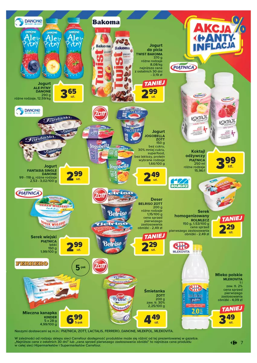 Gazetka promocyjna Carrefour - Gazetka Targ świeżości - ważna 13.03 do 18.03.2023 - strona 7 - produkty: Bakoma, Bell, Bella, Danone, Deser, Fa, Fanta, Ferrero, Jogobella, Jogurt, Kinder, Mleczna kanapka, Mleko, Mlekovita, Piątnica, Ser, Serek, Serek wiejski, Zott