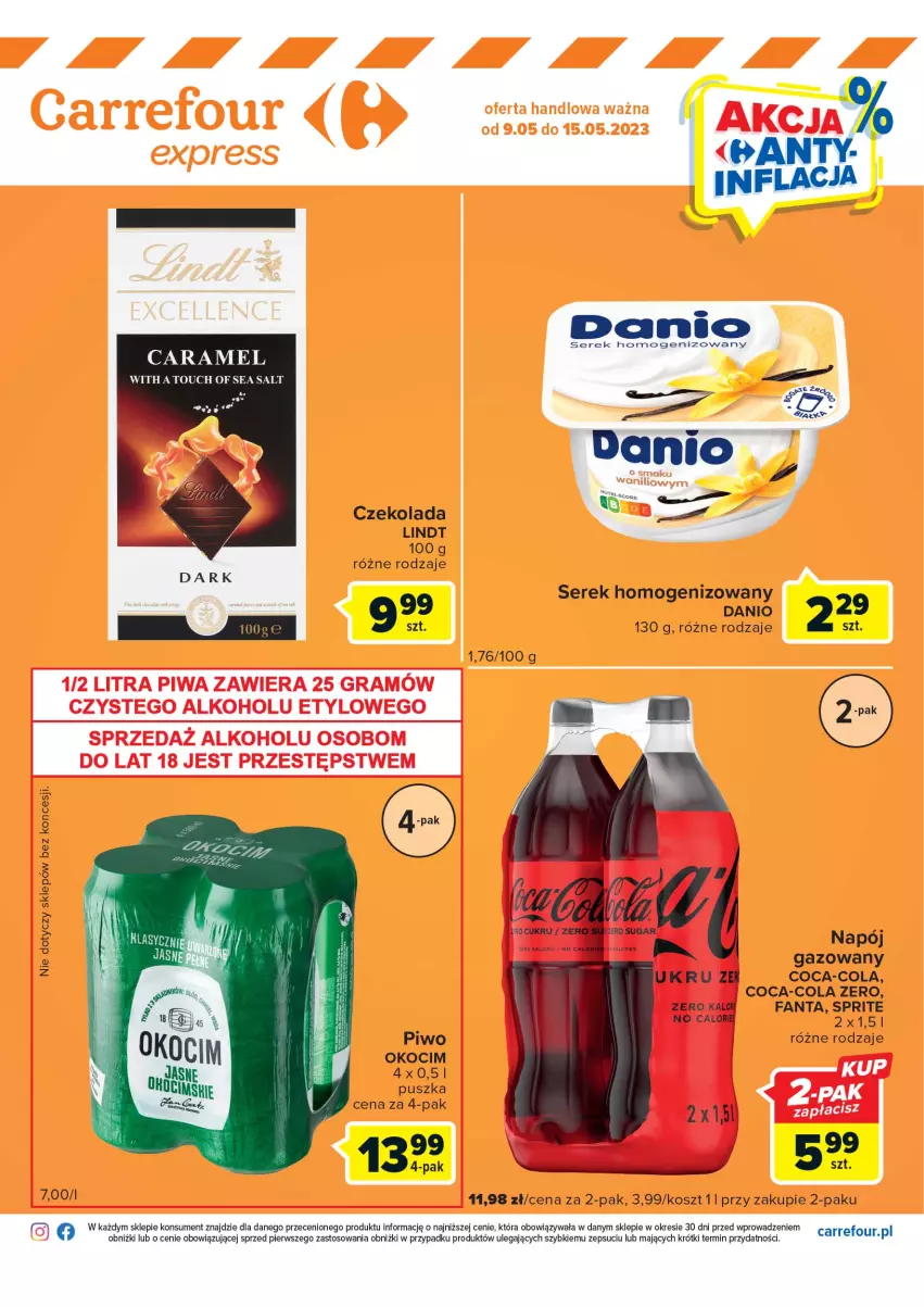 Gazetka promocyjna Carrefour - Gazetka Express - ważna 09.05 do 15.05.2023 - strona 2 - produkty: Coca-Cola, Czekolada, Danio, Fa, Fanta, Koc, Kosz, Lindt, Napój, Okocim, Piwo, Ser, Serek, Serek homogenizowany, Sprite