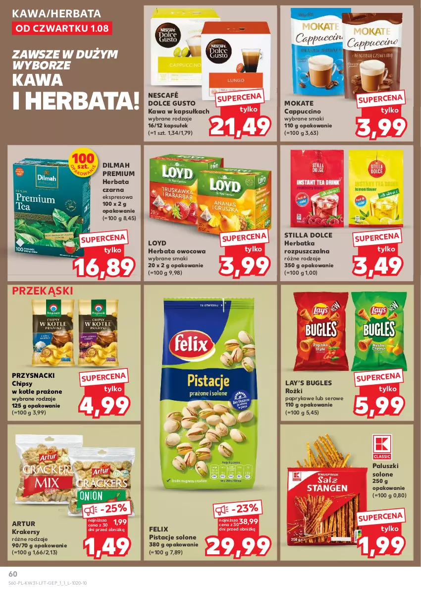 Gazetka promocyjna Kaufland - Gazetka tygodnia - ważna 01.08 do 07.08.2024 - strona 60 - produkty: Artur, Cappuccino, Chipsy, Dilmah, Dolce Gusto, Felix, Herbata, Herbata czarna, Herbata owocowa, Kawa, Krakersy, Lay’s, Loyd, Nescafé, Pistacje, Przysnacki, Ser