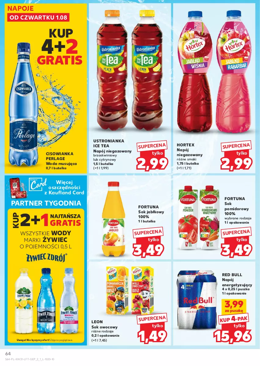 Gazetka promocyjna Kaufland - Gazetka tygodnia - ważna 01.08 do 07.08.2024 - strona 64 - produkty: Cisowianka, Fortuna, Gra, Hortex, Ice tea, Leon, Mus, Napój, Napój niegazowany, Napoje, Red Bull, Sok, Sok jabłkowy, Sok pomidorowy, Waga, Woda