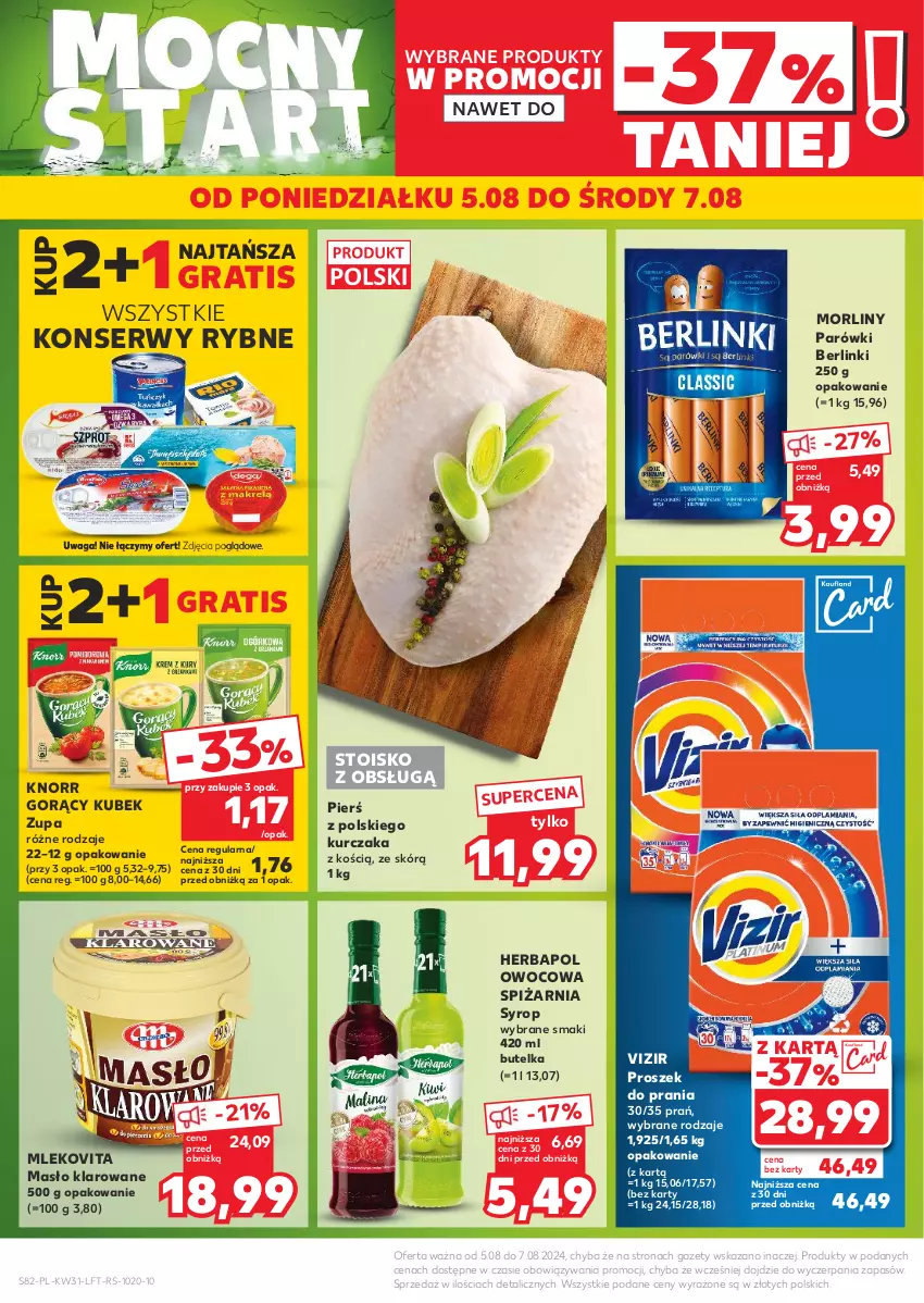 Gazetka promocyjna Kaufland - Gazetka tygodnia - ważna 01.08 do 07.08.2024 - strona 82 - produkty: Berlinki, Gra, Herbapol, Knorr, Kubek, Kurczak, Masło, Masło klarowane, Mleko, Mlekovita, Morliny, Parówki, Proszek do prania, Ser, Syrop, Vizir, Waga, Zupa