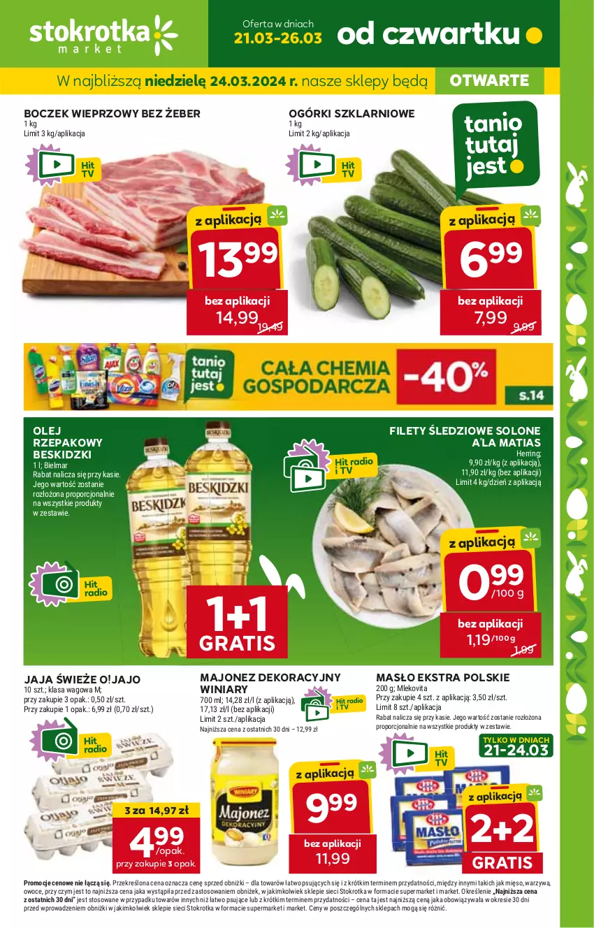 Gazetka promocyjna Stokrotka - Market - ważna 21.03 do 26.03.2024 - strona 1 - produkty: Beskidzki, Boczek, Boczek wieprzowy, Gra, Jaja, JBL, Majonez, Masło, Olej, Olej rzepakowy, Winiary