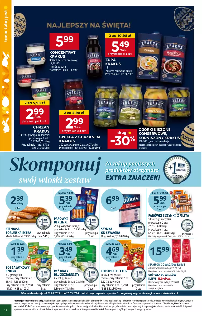 Gazetka promocyjna Stokrotka - Market - ważna 21.03 do 26.03.2024 - strona 14 - produkty: Chrzan, Korniszony, Krakus, Parówki, Ser, Zupa