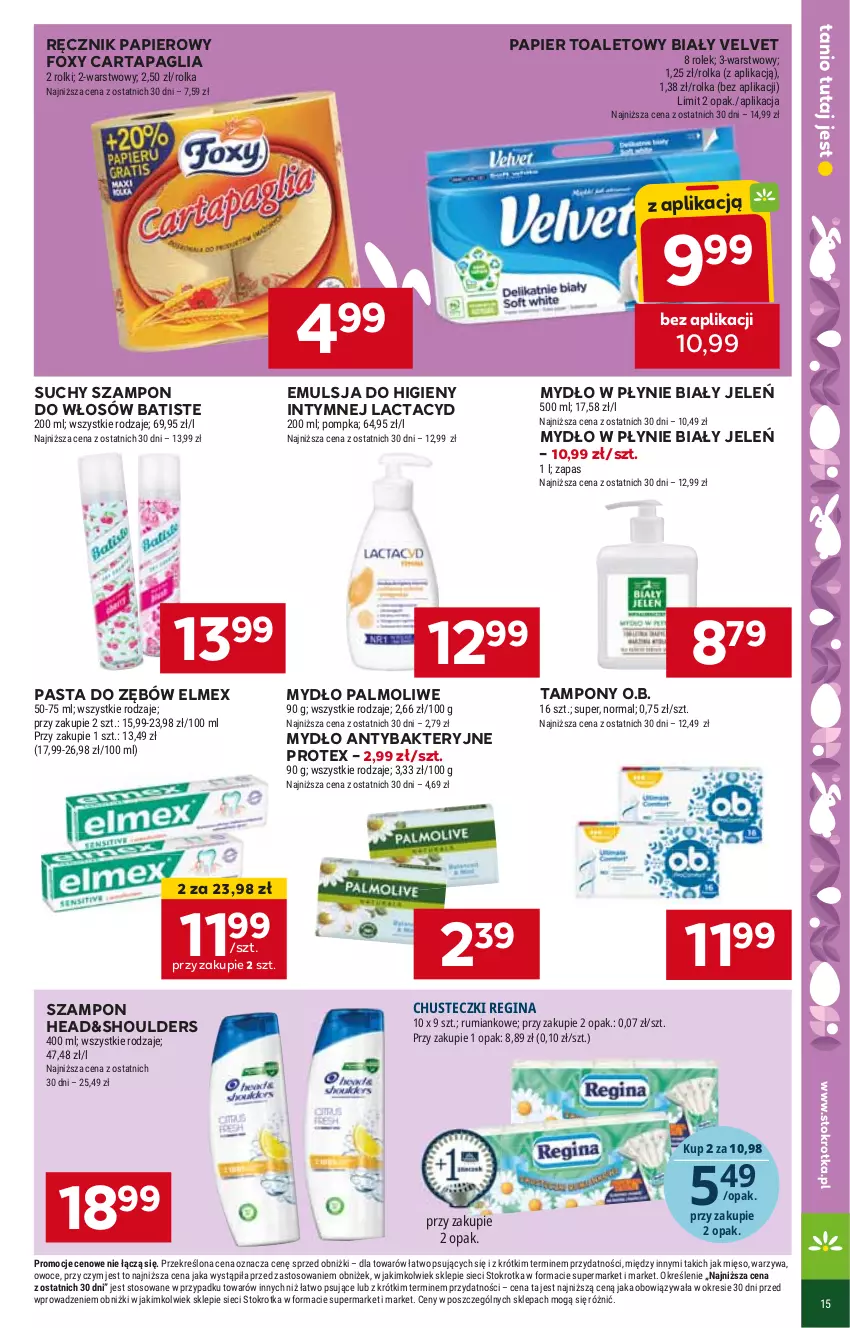 Gazetka promocyjna Stokrotka - Market - ważna 21.03 do 26.03.2024 - strona 18 - produkty: Batiste, Biały Jeleń, Elmex, Emulsja, Foxy, Lactacyd, Mydło, Mydło w płynie, O.B., Papier, Papier toaletowy, Pasta do zębów, Ręcznik, Suchy szampon, Szampon, Tampony, Velvet