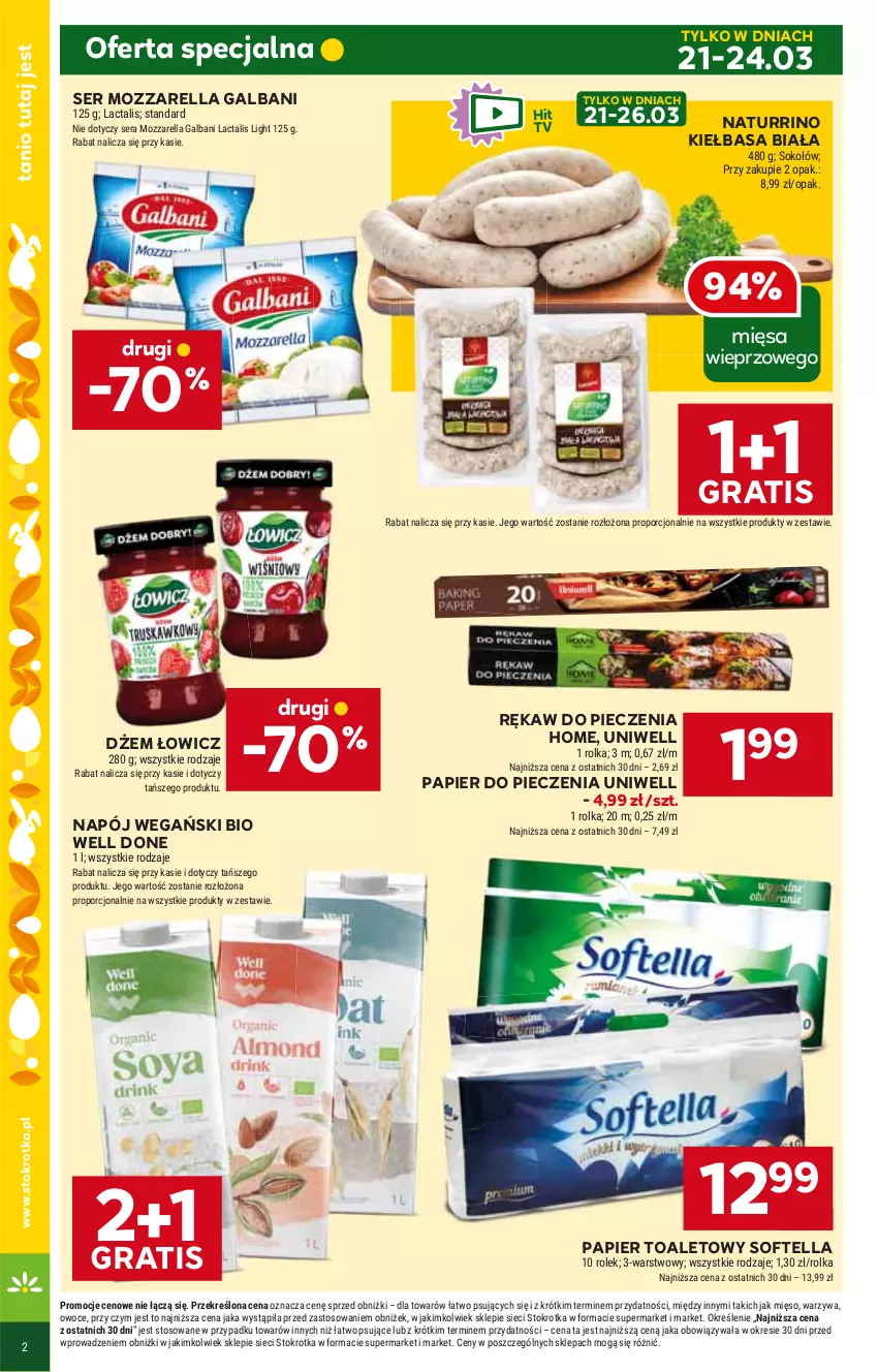 Gazetka promocyjna Stokrotka - Market - ważna 21.03 do 26.03.2024 - strona 2 - produkty: Dżem, Galbani, Gra, Kiełbasa, Kiełbasa biała, Mozzarella, Napój, Papier, Papier do pieczenia, Papier toaletowy, Piec, Rękaw do pieczenia, Ser