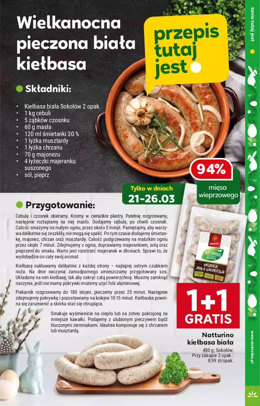 Gazetka promocyjna Stokrotka - Market - ważna 21.03 do 26.03.2024 - strona 3 - produkty: Chrzan, Czosnek, Gra, Kawa, Kiełbasa, Kiełbasa biała, Majonez, Masło, Mięta, Mus, Noż, Olej, Piec, Piekarnik, Pieprz, Por, Rum, Sok, Sokołów, Sól, Sos, Top, Warzywa