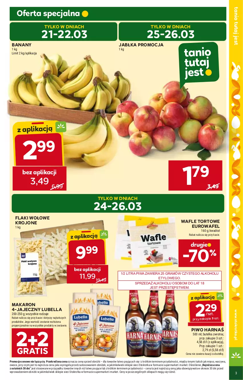 Gazetka promocyjna Stokrotka - Market - ważna 21.03 do 26.03.2024 - strona 5 - produkty: Banany, Bell, Bella, Flaki, Flaki wołowe, Gra, Harnaś, Jabłka, Lubella, Makaron, Piwa, Piwo, Wafle, Wafle tortowe