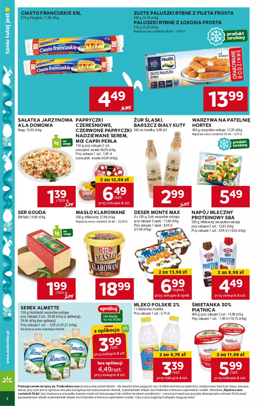 Gazetka promocyjna Stokrotka - Market - ważna 21.03 do 26.03.2024 - strona 9 - produkty: Almette, Ciasto francuskie, Deser, Frosta, Gouda, Hortex, Masło, Masło klarowane, Mleko, Monte, Napój, Napój mleczny, Paluszki rybne, Piątnica, Sałat, Sałatka, Ser, Serek, Sos, Warzywa