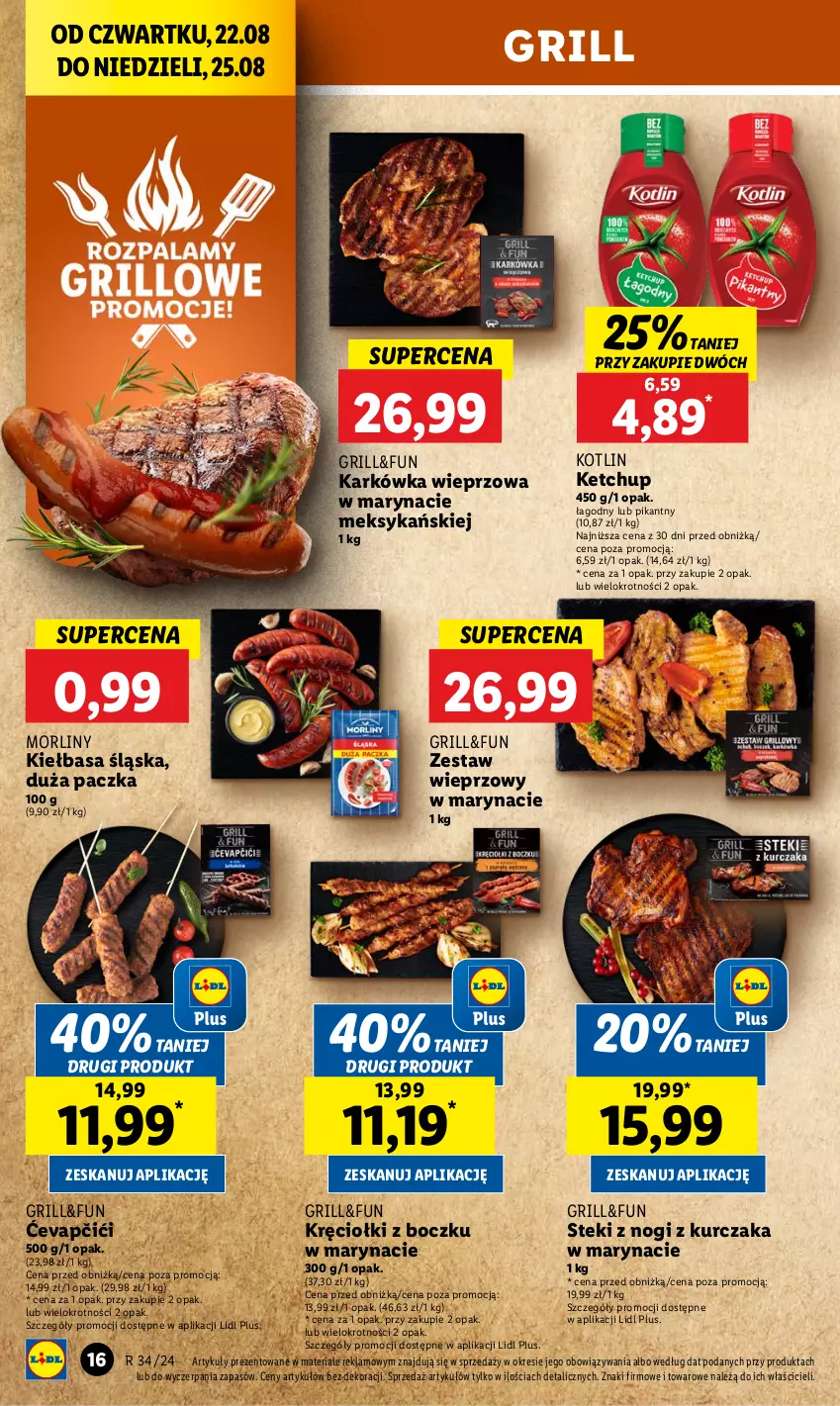 Gazetka promocyjna Lidl - GAZETKA - ważna 22.08 do 25.08.2024 - strona 18 - produkty: Grill, Karkówka wieprzowa, Ketchup, Kiełbasa, Kiełbasa śląska, Kotlin, Kurczak, Morliny, Stek