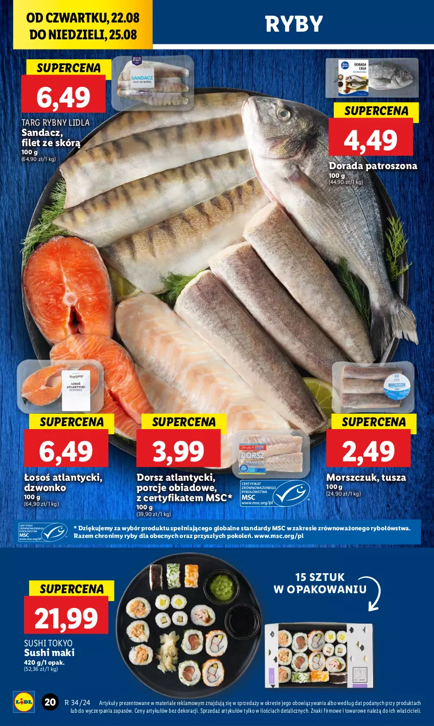 Gazetka promocyjna Lidl - GAZETKA - ważna 22.08 do 25.08.2024 - strona 24 - produkty: Dorsz, Por, Sandacz, Sushi, Tusz