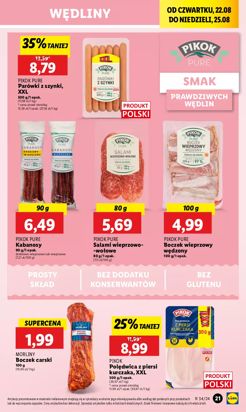 Gazetka promocyjna Lidl - GAZETKA - ważna 22.08 do 25.08.2024 - strona 25 - produkty: Boczek, Boczek wieprzowy, Cars, Kabanos, Kurczak, Morliny, Parówki, Parówki z szynki, PIKOK, Polędwica, Pur, Salami, Ser