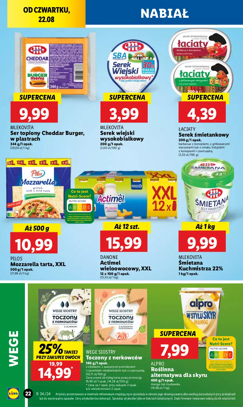 Gazetka promocyjna Lidl - GAZETKA - ważna 22.08 do 25.08.2024 - strona 26 - produkty: Actimel, Alpro, Burger, Cheddar, Danone, Grill, Mango, Mleko, Mlekovita, Mozzarella, Pilos, Ser, Ser topiony, Serek, Serek wiejski, Sok, Tarta, Top, Warzywa