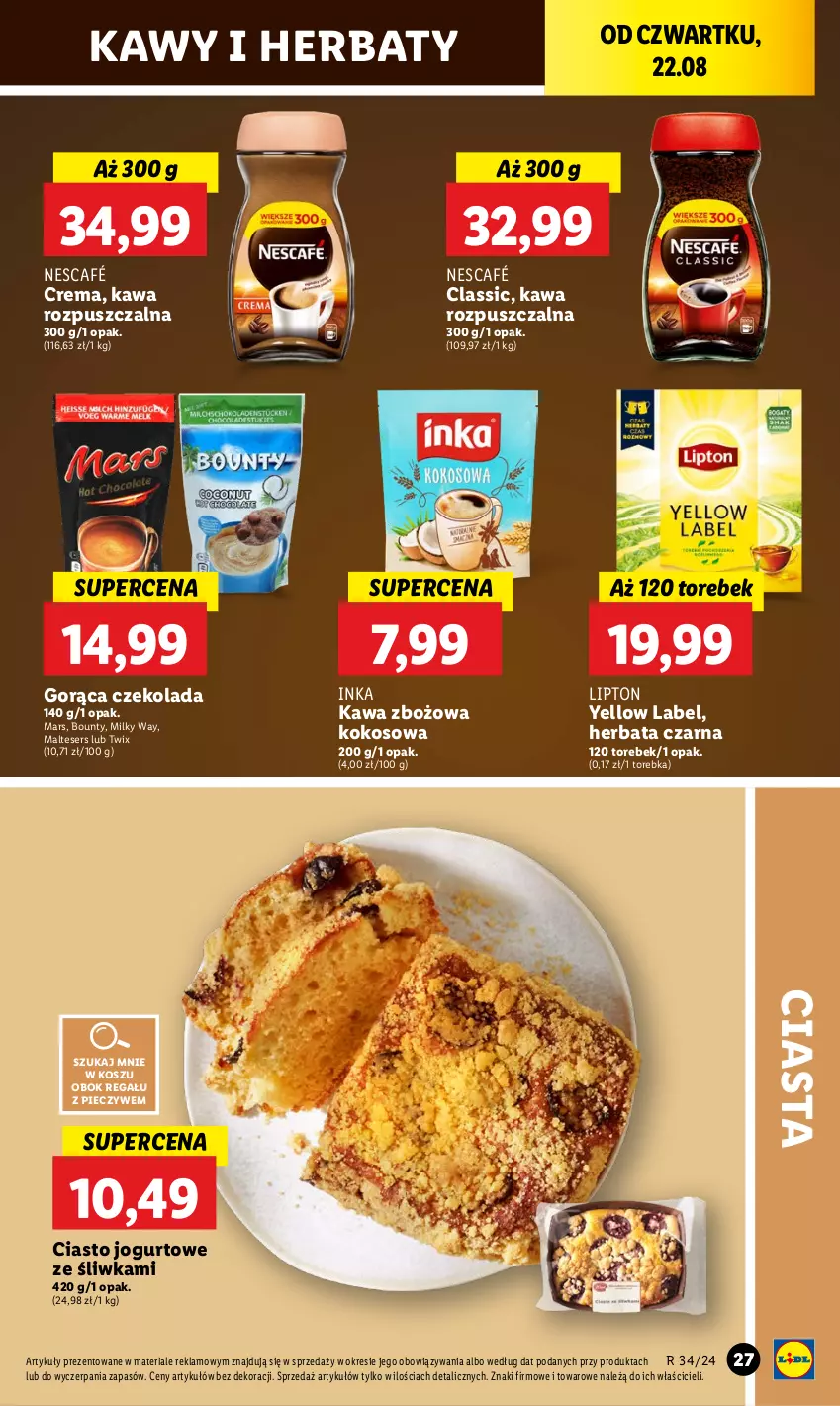 Gazetka promocyjna Lidl - GAZETKA - ważna 22.08 do 25.08.2024 - strona 33 - produkty: Bounty, Ciasto jogurtowe, Czekolada, Herbata, Herbata czarna, Inka, Jogurt, Kawa, Kawa rozpuszczalna, Kawa zbożowa, Kokos, Kosz, Lipton, Mars, Milky Way, Nescafé, Piec, Regał, Ser, Torebka, Twix