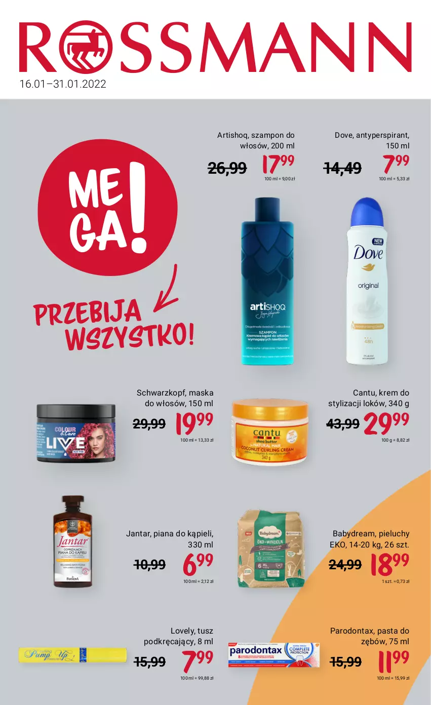 Gazetka promocyjna Rossmann - ważna 16.01 do 31.01.2022 - strona 1 - produkty: Antyperspirant, Babydream, Dove, Lovely, Maska, Maska do włosów, Parodontax, Pasta do zębów, Pieluchy, Schwarzkopf, Szampon, Tusz