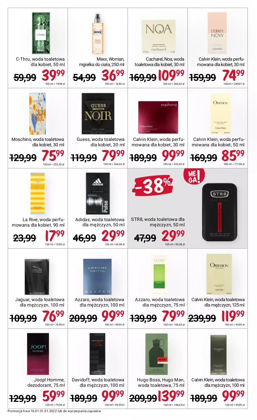 Gazetka promocyjna Rossmann - ważna 16.01 do 31.01.2022 - strona 10 - produkty: Adidas, Azzaro, C-Thru, Cacharel, Calvin Klein, Davidoff, Dezodorant, Hugo Boss, Jaguar, JOOP!, La Rive, Mexx, Moschino, Perfum, Str8, Woda, Woda perfumowana, Woda toaletowa