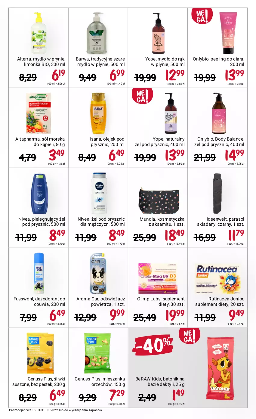 Gazetka promocyjna Rossmann - ważna 16.01 do 31.01.2022 - strona 13 - produkty: Aksam, Alterra, Baton, Body, Dezodorant, Genuss Plus, Isana, Kosmetyczka, Limonka, Mydło, Mydło w płynie, Nivea, Odświeżacz powietrza, Olej, Olejek pod prysznic, Parasol, Peeling, Rutinacea, Sól, Stek, Suplement diety, Tonik, Yope