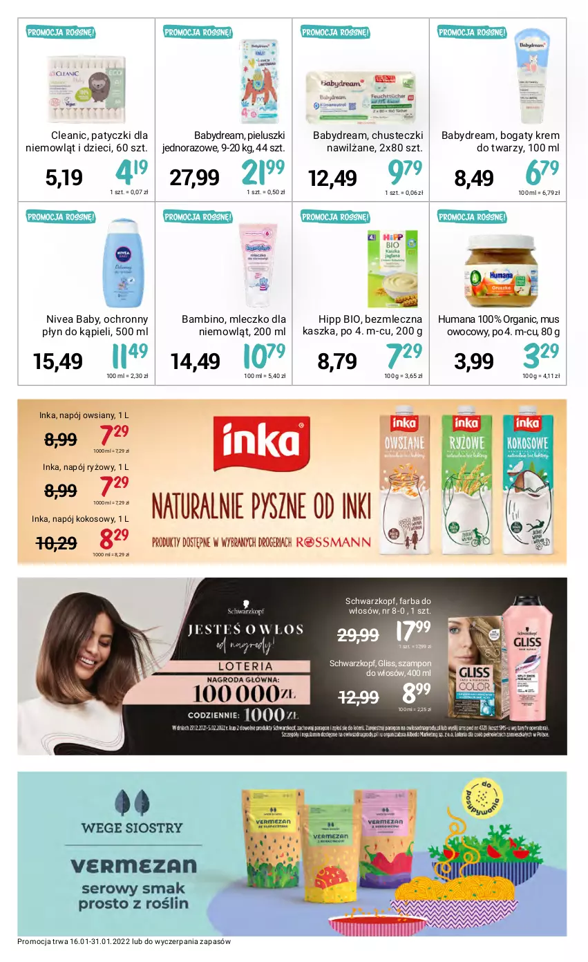 Gazetka promocyjna Rossmann - ważna 16.01 do 31.01.2022 - strona 14 - produkty: Babydream, Chusteczki, Cleanic, Dzieci, Fa, Farba do włosów, HiPP, Hipp Bio, Humana, Inka, Kokos, Krem do twarzy, Mleczko, Mus, Napój, Nivea, Nivea Baby, Płyn do kąpieli, Ryż, Schwarzkopf, Szampon