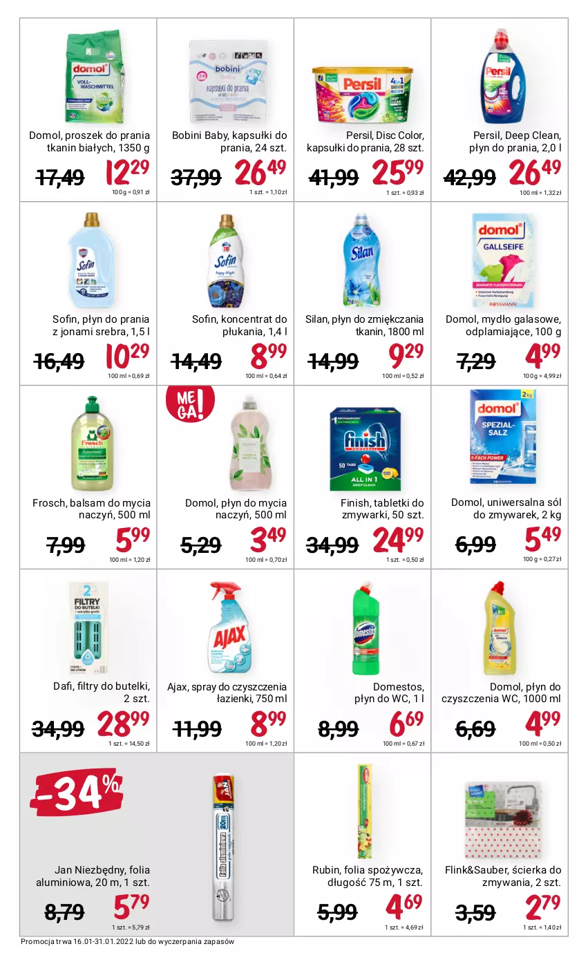 Gazetka promocyjna Rossmann - ważna 16.01 do 31.01.2022 - strona 3 - produkty: Ajax, Balsam do mycia naczyń, Do mycia naczyń, Domestos, Domol, Finish, Folia aluminiowa, Frosch, Gala, Jan Niezbędny, Kapsułki do prania, Mydło, Persil, Płyn do czyszczenia wc, Płyn do mycia, Płyn do mycia naczyń, Płyn do prania, Płyn do wc, Proszek do prania, Rubin, Silan, Sól, Spray do czyszczenia, Tablet, Tabletki do zmywarki, Zmywarki