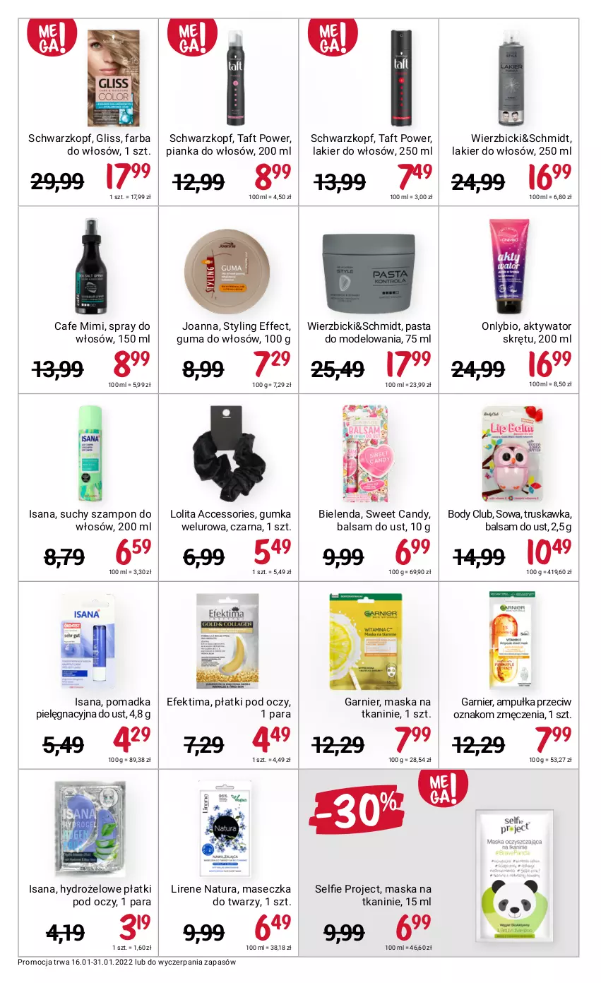 Gazetka promocyjna Rossmann - ważna 16.01 do 31.01.2022 - strona 6 - produkty: Balsam do ust, BIC, Bielenda, Body, Candy, Fa, Farba do włosów, Garnier, Hydrożelowe płatki pod oczy, Isana, Joanna, Lakier, Lakier do włosów, Lirene, Maska, Pianka do włosów, Schwarzkopf, Suchy szampon, Szampon, Taft