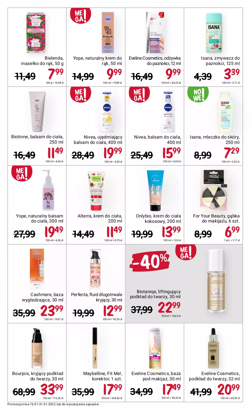 Gazetka promocyjna Rossmann - ważna 16.01 do 31.01.2022 - strona 8 - produkty: Alterra, Balsam do ciała, Bell, Bielenda, Bourjois, Eveline, For Your Beauty, Isana, Kokos, Krem do ciała, Krem do rąk, Makijaż, Maybelline, Mleczko, Nivea, Odżywka, Perfecta, Podkład, Podkład do twarzy, Yope, Zmywacz do paznokci