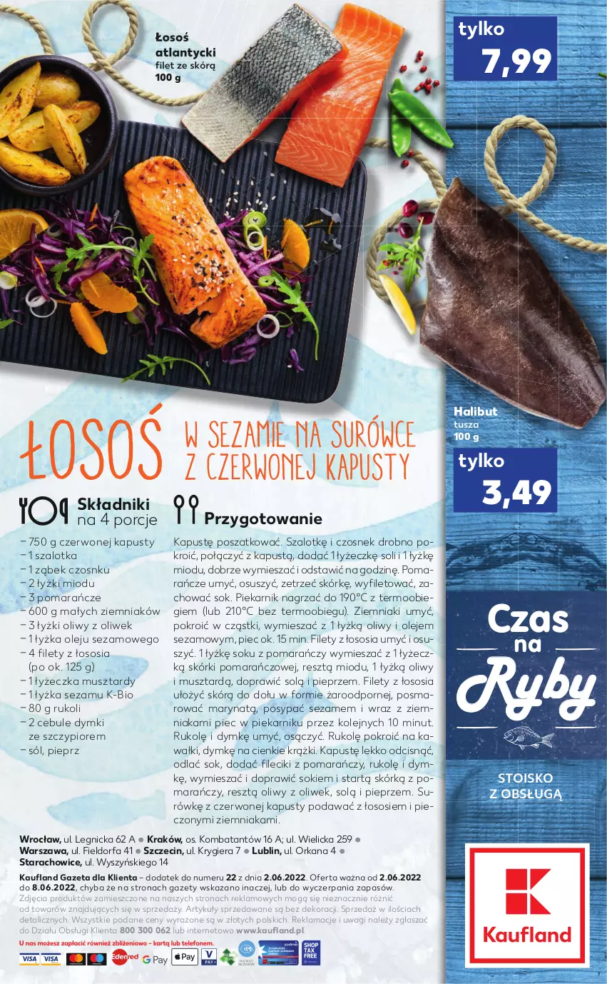 Gazetka promocyjna Kaufland - RYBY - ważna 02.06 do 08.06.2022 - strona 2 - produkty: Czosnek, Fa, Halibut, Kapustą, Kawa, Mus, Olej, Orka, Piec, Piekarnik, Pieprz, Pomarańcze, Por, Sezam, Sok, Sól, Sos, Szal, Tusz, Wagi, Ziemniaki