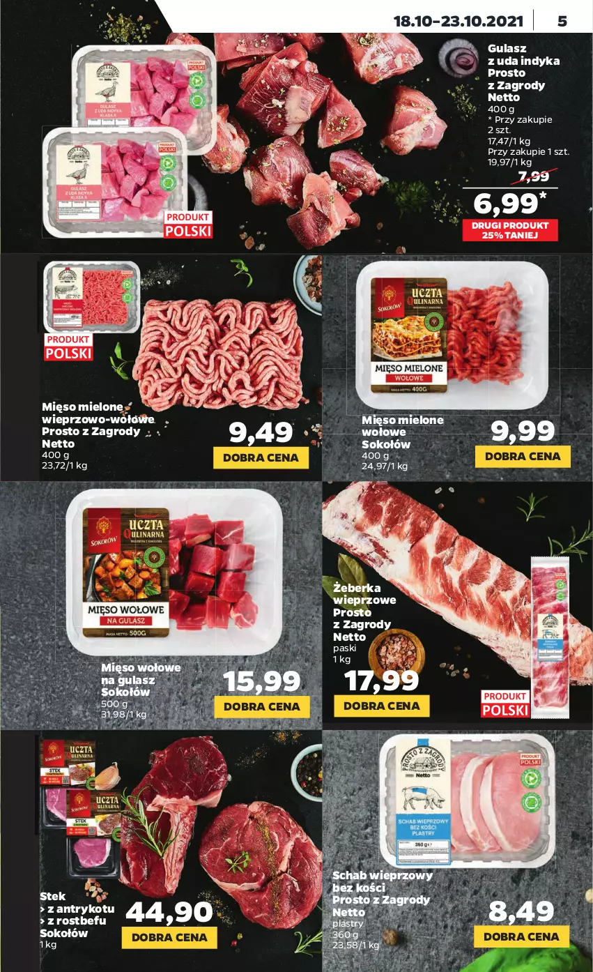 Gazetka promocyjna Netto - Gazetka spożywcza - ważna 18.10 do 23.10.2021 - strona 5 - produkty: Mięso, Mięso mielone, Mięso wołowe, Rostbef, Schab wieprzowy, Sok, Sokołów, Stek