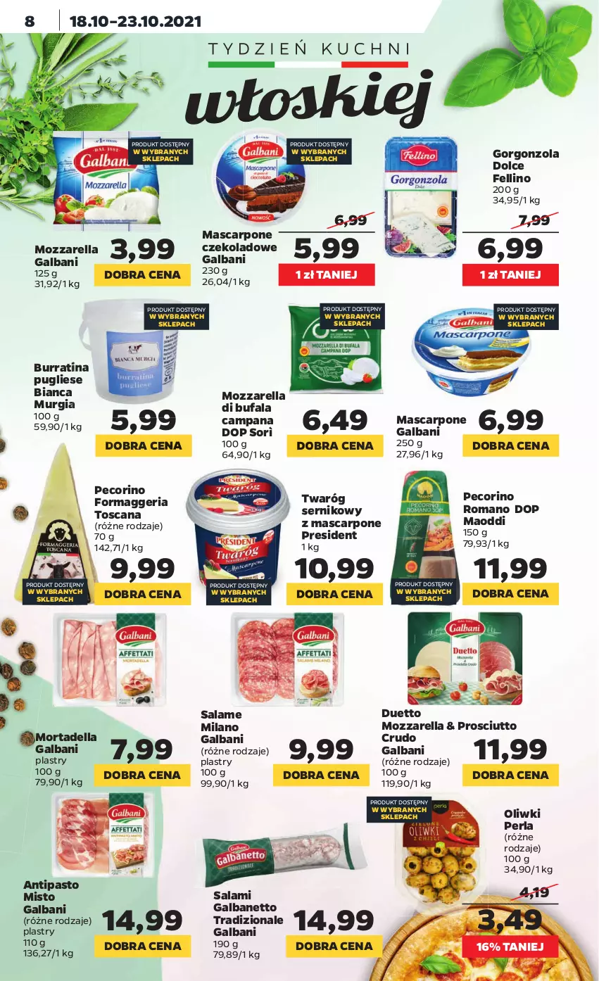 Gazetka promocyjna Netto - Gazetka spożywcza - ważna 18.10 do 23.10.2021 - strona 8 - produkty: Dell, Fa, Galbani, Gorgonzola, Mascarpone, Mortadella, Mozzarella, Oliwki, Pecorino, Prosciutto, Salami, Ser, Twaróg