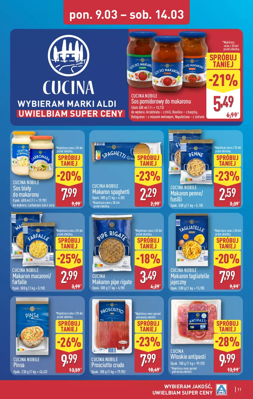 Gazetka promocyjna Aldi - Pełna oferta - ważna 09.03 do 14.03.2026 - strona 11 - produkty: Bazyl, Fa, Makaron, Penne, Prosciutto, Ser, Sos, Sos pomidorowy, Spaghetti, Tagliatelle
