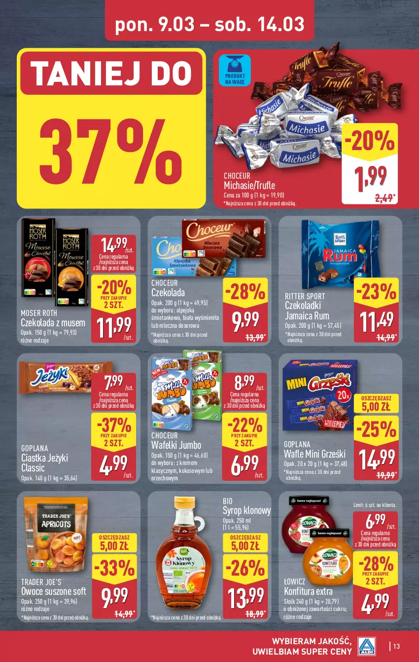 Gazetka promocyjna Aldi - Pełna oferta - ważna 09.03 do 14.03.2026 - strona 13 - produkty: Ciastka, Czekolada, Deser, Goplana, Grześki, Jeżyki, Kokos, Konfitura, LANA, Mini Grześki, Moser Roth, Mus, Owoce, Owoce suszone, Por, Ritter Sport, Rum, Ser, Sport, Syrop, Wafle