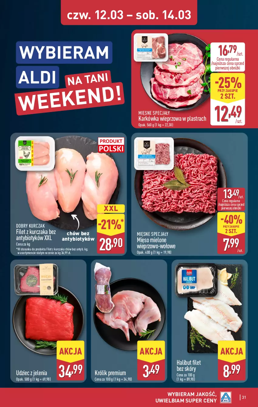 Gazetka promocyjna Aldi - Pełna oferta - ważna 09.03 do 14.03.2026 - strona 31 - produkty: Halibut, Karkówka wieprzowa, Królik, Kurczak, Mięsne specjały, Mięso, Mięso mielone